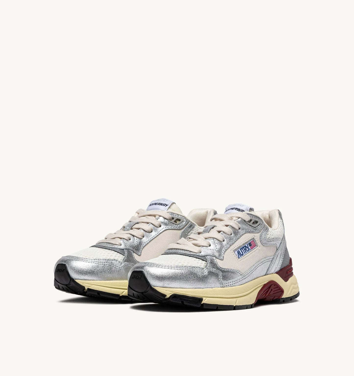 BASKETS HYPERWAY EN MESH ET CUIR LAMINè BLANC ET ARGENT