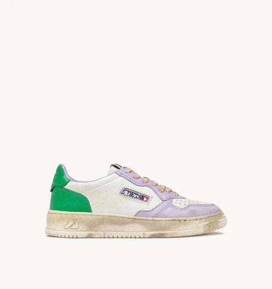 BASKET MEDALIST LOW SUPER VINTAGE EN CUIR BLANC, LILAS ET VERT