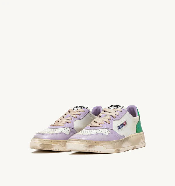 BASKET MEDALIST LOW SUPER VINTAGE EN CUIR BLANC, LILAS ET VERT