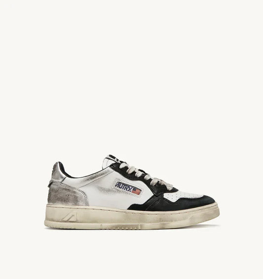 BASKET MEDALIST LOW SUPER VINTAGE EN CUIR BLANC NOIR ET ARGENT
