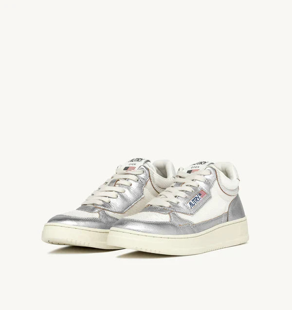 BASKET OPEN MID EN TISSU BLANC ET EN CUIR ARGENT